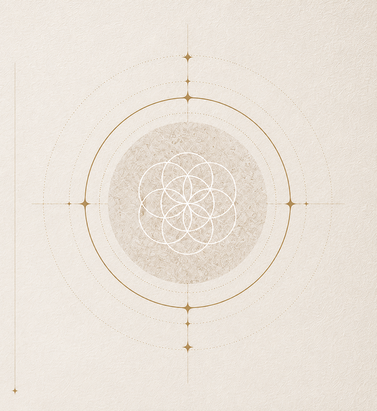 Sacred geometry seed-of-life mandala in antique gold on an alabaster ground, marking the Kabbalah of the Feminine offering.